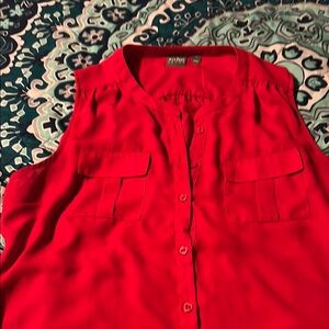 Solo Red Button Down Blouse with Mandarin Collar